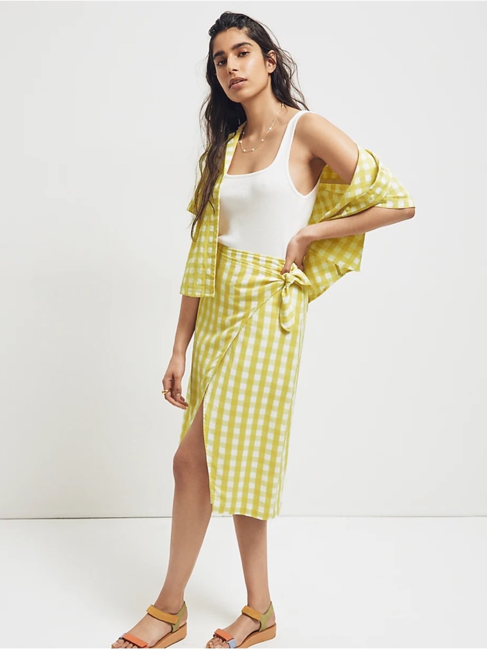 Madewell Sarong Midi Wrap Skirt Yellow & White Gingham Tie-Waist Women’s 6 - Picture 1 of 12